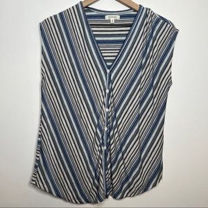 Max Studio Blue White Black Stipe Button Down Tie Sleeveless Blouse Size Small